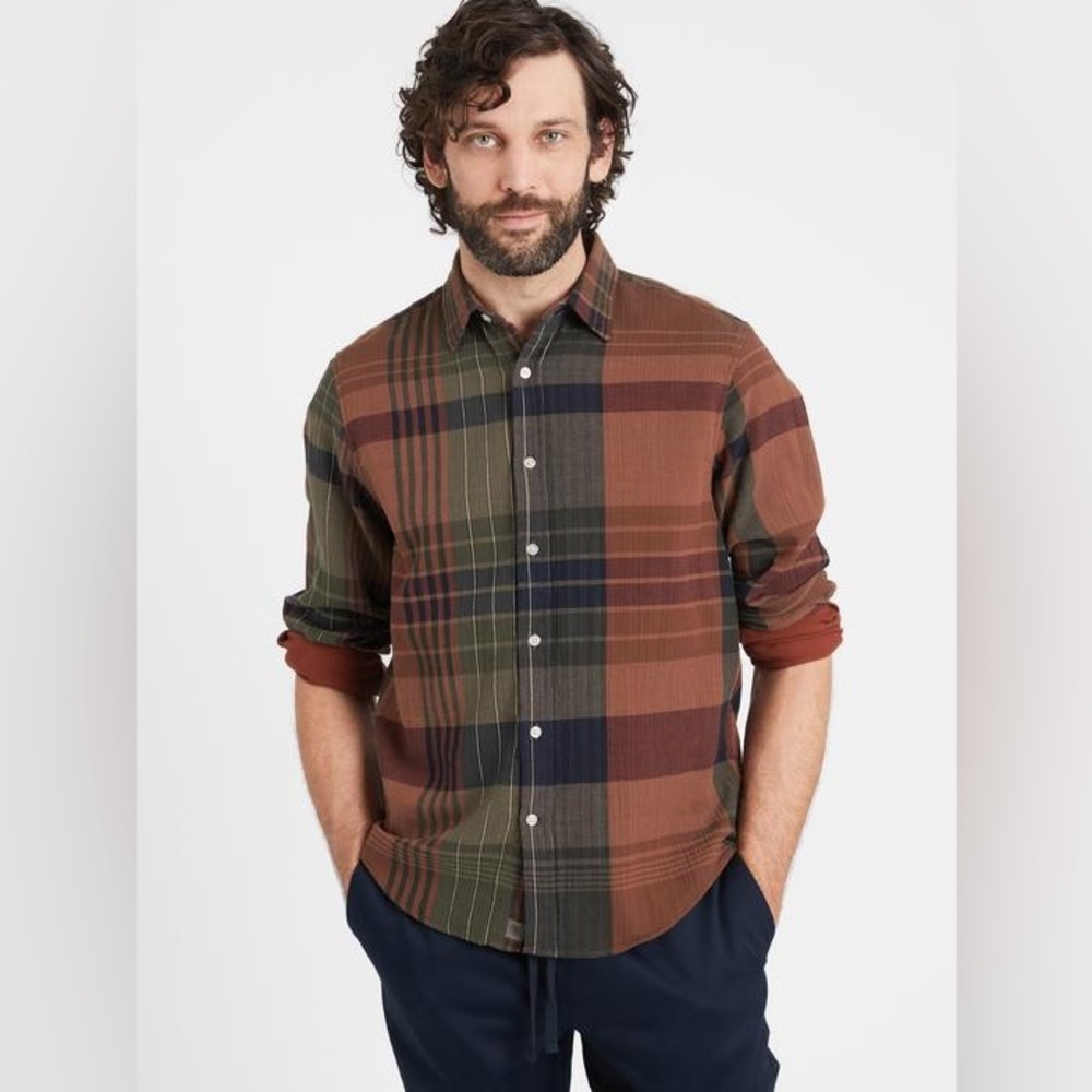 Banana Republic Untucked Slim Fit Cotton Plaid Shirt Size L Modern Rustic